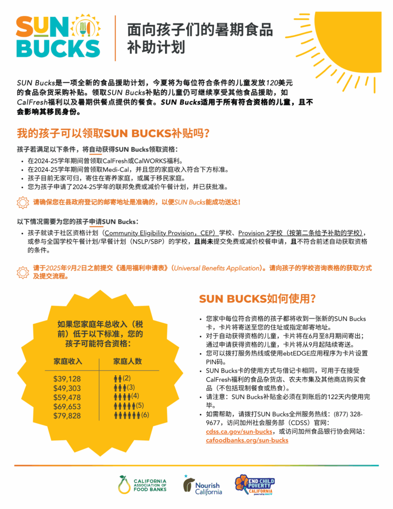 An image of a flyer about the SUN Bucks program, in simplified chinese, featuring questions like "can my child get sun bucks?" and "how do sun bucks work?"