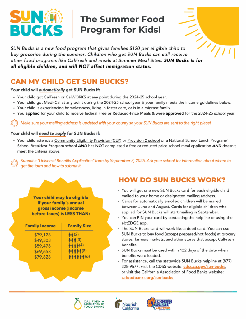 An image of a flyer about the SUN Bucks program, in English, featuring questions like "can my child get sun bucks?" and "how do sun bucks work?"